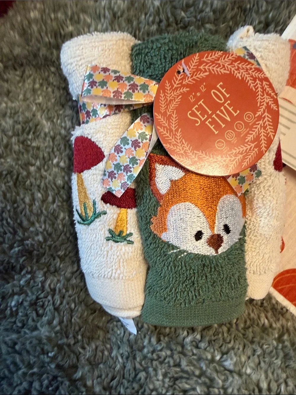 5 Fall Hand Towels w/Mushrooms & Fox! 2 Dish Cloth Sponges (pattern 2 vary)